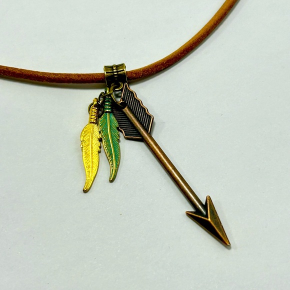 Handmade Antique Bronze Arrow Pendant Necklace with Brown Leather Cord! - Picture 2 of 5